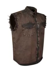 Mens Biker Cuttoff Cotton Shirt Stonewash Chocolate Brown