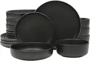 [Gibson Soho Lounge] Pasco 16 Piece (Service for 4) Plates and Bowls Double Bowl Reactive Glaze Dishes Stoneware Ceramic Dinnerware Set - Black