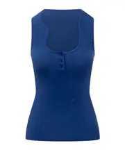 Ferragamo Sculptural Neckline F Embroidered Ribbed Top L,M Blue