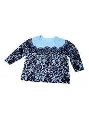 Bob Mackie Wearable Art Wpmens Knit Top ~3X~Blue w/ Printed Black Lace Overlay