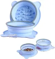 CatchU Silicone Foldable 2 in 1 Pet Bowl, Quality Collapsible Double Slow Feeder Dish, Integrated Molding Expandable Travel Food Water Bowl for Dogs Cats (Blue)