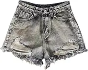 [Jegsnoe] Women Hole Ripped Rough Edges Washed Denim Shorts Summer Fashion A-Line Wide-Leg Shorts