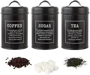 Black Kitchen Canister Set, 3PCS Metal Tea Coffee Sugar Canisters with Airtight Lids, Vintage Tea Coffee Sugar Jars for Food, Biscuit, Flour, Cakes, Spice or Beans, Tea Coffee Sugar Canisters