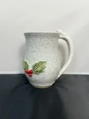 Studio Art Pottery 3D Holly & Berries Speckled Pottery Coffee Cup Mug Signed