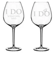 Set of 2 Wine Glasses 20oz Glass Engagement Wedding Couple I Do What She Says