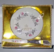Myott Ceramic Porcelain Butter Jam Dish & Knife Set Pink Roses Silver Edge VTG