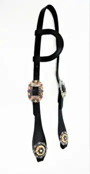 Black Harness Leather One or Two Ear Headstall Horse Swarovski Crystal Conchos