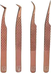 M LASH Set Of 4 Diamond Grip Eyelash Extensions Tweezers V2 - Japanese Steel Lash Supply (Rose Gold)