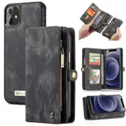 CaseMe For Apple iPhone 12 Zipper & Detachable Retro Leather Pouch Wallet Flip Purse Bag Detachable Phone Case Cover (Black)