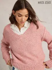 White Stuff Pink Tammy Textured V-Neck Jumper (F20587) | $84