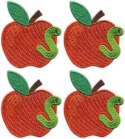 [Patchion] Set of Four - Red Apples with Worm - Black VeIcro/Hook and Loop Backing - Embroidered Patch/Badge/Emblem