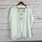 Chicos Top Shirt Womens 16 White Linen Blend Flowy Coastal Beach Embroidered NWT