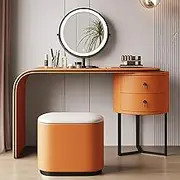 Dressing Table，Telescopic Dresser Vanity Desk with 2 Drawers Makeup Vanity Table with Mirror Brightness Adjustable with Stool(Black Edge,Orange)