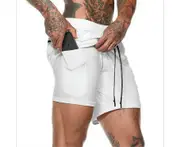 Men's 2 in 1 Workout Running Shorts Lightweight Training Gym Short with Zipper Pockets-white