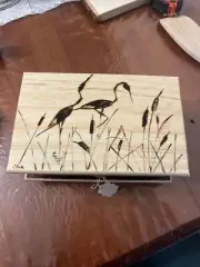 SQUARE wooden stash box, trinket box, jewelry box, “HERONS'' hand wood burn