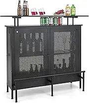 Giantex 4-Tier Home Bar Unit, Home Bar Cabinet w/ 2 Wine Storage Shelves & 6 Stemware Holders, Metal Front & Footrest, 7 Adjustable Feet, Industrial Metal Wine Bar Table for Kitchen Pub, Black