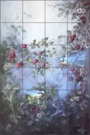 Floral Art Ceramic Tile Mural Backsplash Taite Bluebird Raspberry POV-FPT011