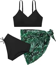 [Patgoal] Teen Girls Swimsuit 3 Piece V-Neck Color Block Floral Print Bikini Set with Cover Up Skirt Swimwear Bathing Suits 9-16Y