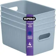 Superio 5L Small Ribbed Storage Bin- Plastic Storage Bin (4 Pack, Stone Blue)