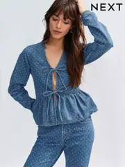 Blue Polkadot Tie Front 100% Cotton Smock Blouse (E97824) | $64