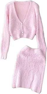 [keusyoi] Winter Women Soft Long Sleeve Sweater Knit Skirt Two Piece Set Elegant Elastic Waist Mini Skirt Warm Suit