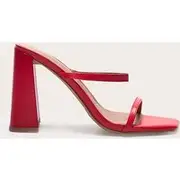 Red Pu Square Toe Double Strap High Block Heel Mules, Red