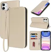 for iPhone 11 Case Leather Wallet Magnetic Flip Cover with Wrist Strap Card Holders SunYoo Case Women Men RFID Blocking Porte Feuille Portefeuille Coque étui for iPhone11 Pour Femmes Homme Cream