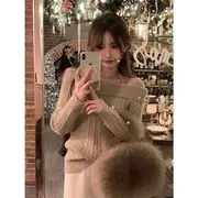 Long-Sleeve Asymmetrical Neck Plain Ribbed Knit Top Khaki - One Size