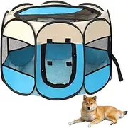 Dog Playpen, Oxford Fabric Dog Fence Octagon Dog Crate PVC Pipe Frame Breathable Mesh Double Openings Removable Zipper Top and Bottom (Blue)