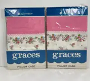 2 Vintage GRACES Standard Pillow Case White w/Pink Flowers - Pink Trim NEW