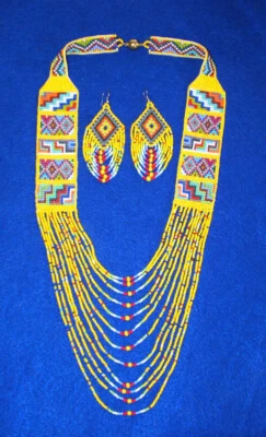 Mesa Style Beaded Necklace & Earring Set Handmade Native Regalia Yellow 09