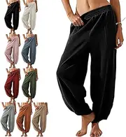 [Generic] Thneed Wrap Pants, Thneed Beach Wrap Pants, Womens Baggy Wide Leg Cotton Elastic Waisted Harem Pant Palazzo, Black, Small