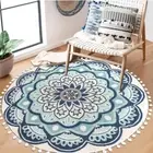 Round Rug 4ft Blue Circle Boho Rug with Pom Pom Fringe Non-Slip Washable Living