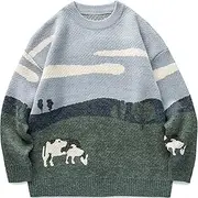 [Vamtac] Mens Vintage Oversize Cow Sweater Long Sleeve Round Neck Knitted Pullover Jumper Unisex Streetwear Sweaters, 01grey, Medium
