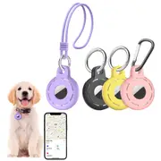 4pcs Airtag Holder Silicone Protective Case Shockproof Holder Key Chain Accessories for Keys Dog Collar-Black and Purple and Yellow and Pink