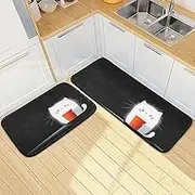 Kitchen Mats for Floor, 2 Piece, Cat White Cute Funny Cute Washable Non-Slip Kitchen Rugs Set for Home & Office, Sink, Laundry, 19.7” x 27.6” + 19.7” + 47.2”