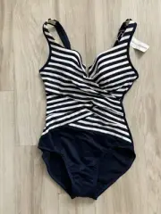 Miraclesuit New Directions Layered Escape One Piece Swimsuit Navy Blue Stripe 8