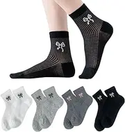 [Mottee&Zconia] Women's Crew Socks,Over the Ankle,Cute Floral Socks,Cotton White Black Socks,8pack(Size5-9), 8pairs(black,dark Grey,grey,white)