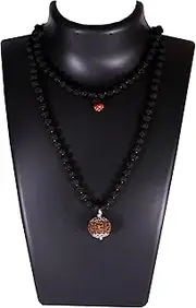 SHIVOHAM 11 Mukhi Guru Mani/Bead (5 Mukhi Black Rudraksha Mala) Silver Cap - Lab Certified