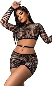 [Tender Whisper] Womens Sexy Hollowed Out Fishnet 3pcs Fishnet Long Sleeve Top+Low-rise skirt+Love Belt Hot Nightwear