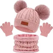 [Wharick] Warm Comfortable Kids Hat Neckerchief Gloves Set 3pcs/Set Winter Baby Beanie Heat Plush Balls Decor Knitting Thickened Scarf Solid Color Children Dark Pink One Size