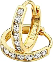 [GoldenMine Fine Earrings] 14k Yellow Gold 2mm Thickness CZ Channel Set Hoop Huggie Earrings - 3 Differnet Size Available