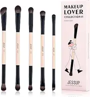 Jessup Makeup Brushes 5pcs Double Ended Eyeshadow Brush Contour Brush Blending Brush Eyeliner Brush Shader Brush, Vegan Fiber Precision Eye Brush Set Peach Dust T509