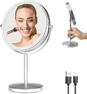 AHWOiHS 8" 4000mAh Rechargeable Lighted Makeup Mirror with 3 Color Lights and 1X/10X Magnification, Double Sided Swivel Vanity Mirror - Chrome