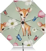 [RPLIFE] Cute Deer Travel Umbrella, Lightweight Portable Auto Open Close for Women, Travel Umbrellas for Rain, Wind and Sun