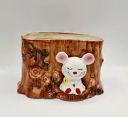 Vintage Kitsch Planter Anthropomorphic Mouse By Tree Stump Nancy Pew JAPAN MCM