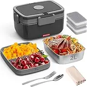 Electric Lunch Box Food Heater - Portable Heating Lunch Box (12V/24V/110V/220V) - 2L Stainless Steel & 1L PP Fruit Container Food Warmer - Ideal for Car, Truck, Office, and Outdoor Use