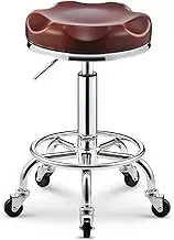 PU Leather Round Rolling Stool with Foot Rest Swivel Height Adjustment Spa Drafting Salon Tattoo Work Office Massage Lifting Stools Task ChairRed1,A2