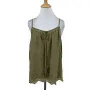 Melrose and Market Cami Top Womens M Herb Green Broderie Eyelet Tasseled Peasant