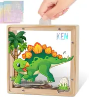 Children'S Money Box Wooden Dinosaur with Alphabet Stickers, Green and Yellow, U
